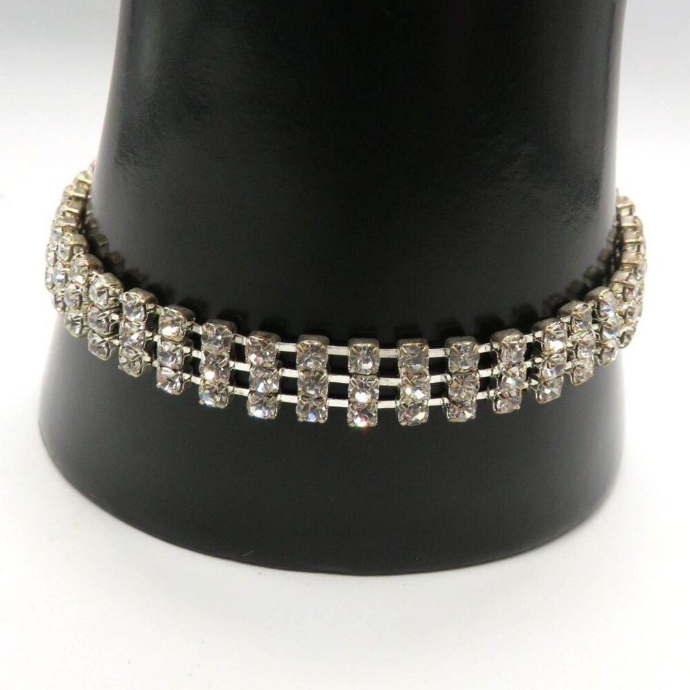 Tennis‎ Bracelet Silver Tone 3 Row Vintage Rhinestone Sparkling Clear Stones